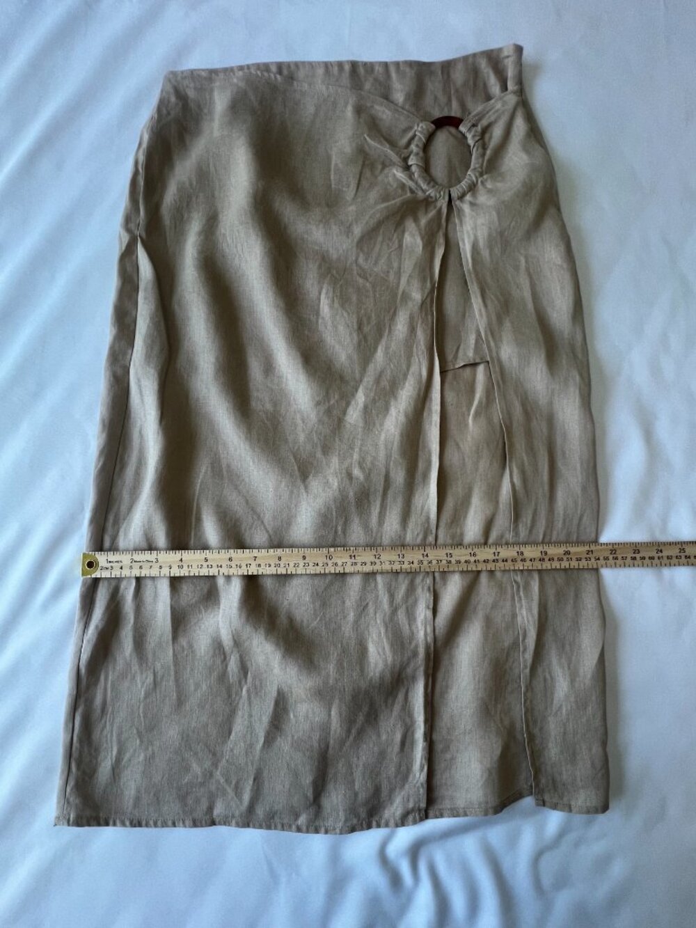 100% Linen Zara Wrap Midi Skirt Womens Size Large Tan Beige Vacation Summer - Picture 13 of 15